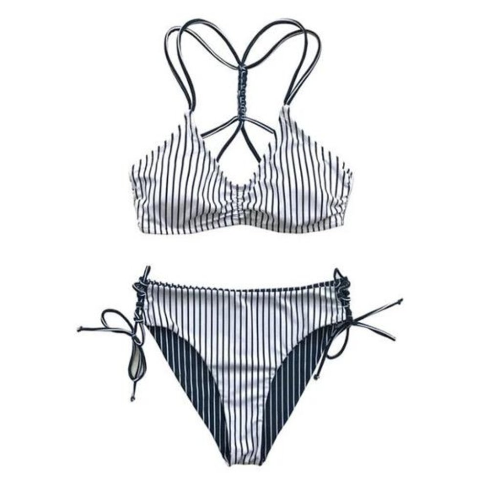 CUPSHE Blue White Stripe Sexy Reversible Bottom Strappy Bikini Sets S